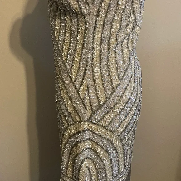 Sold Aidan Mattox Gold Silver Fringe Sequin Dress - Picture 3 of 8